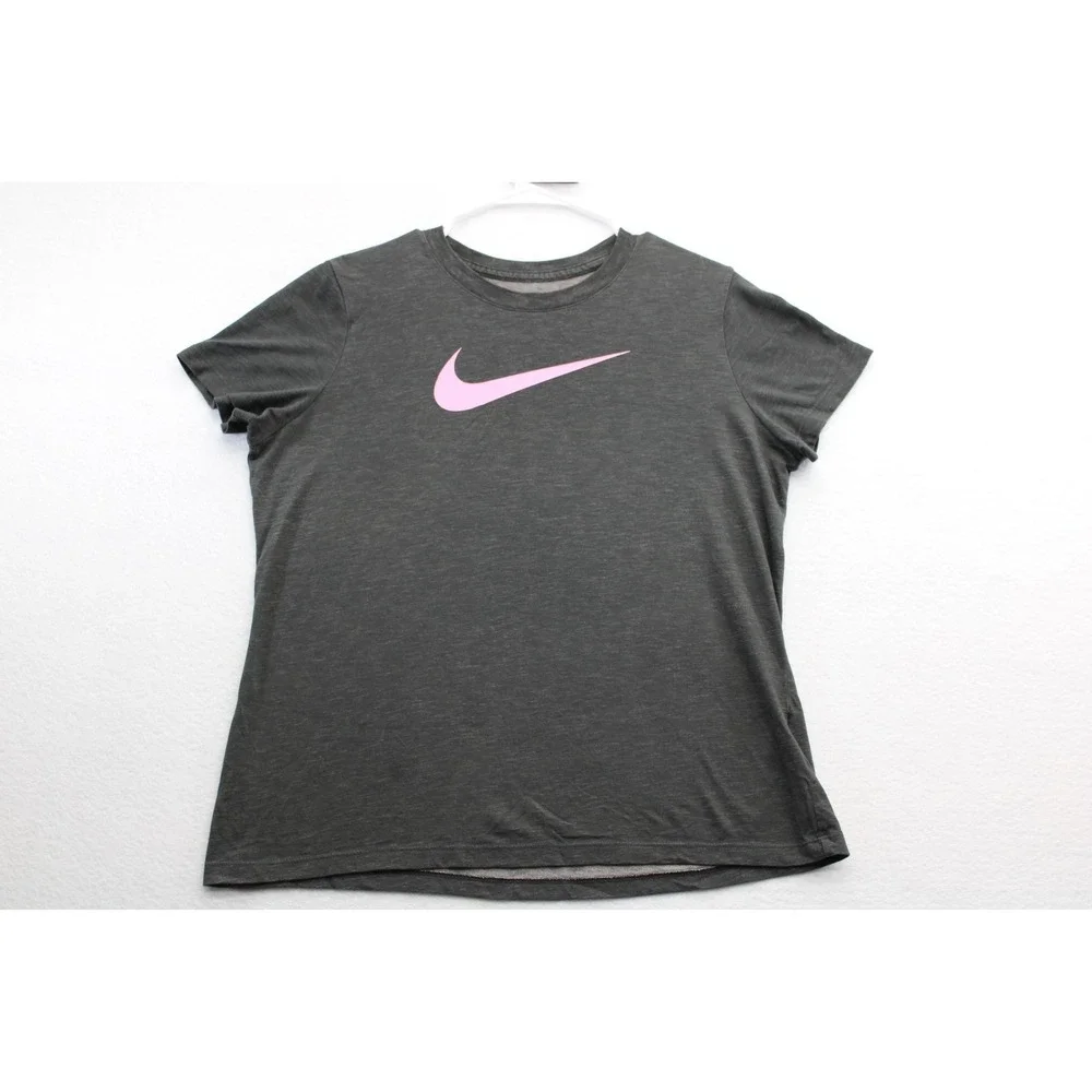 Nike Dri-Fit Gray Pink Swoosh Athletic T-Shirt Size L Running Workout Tee
